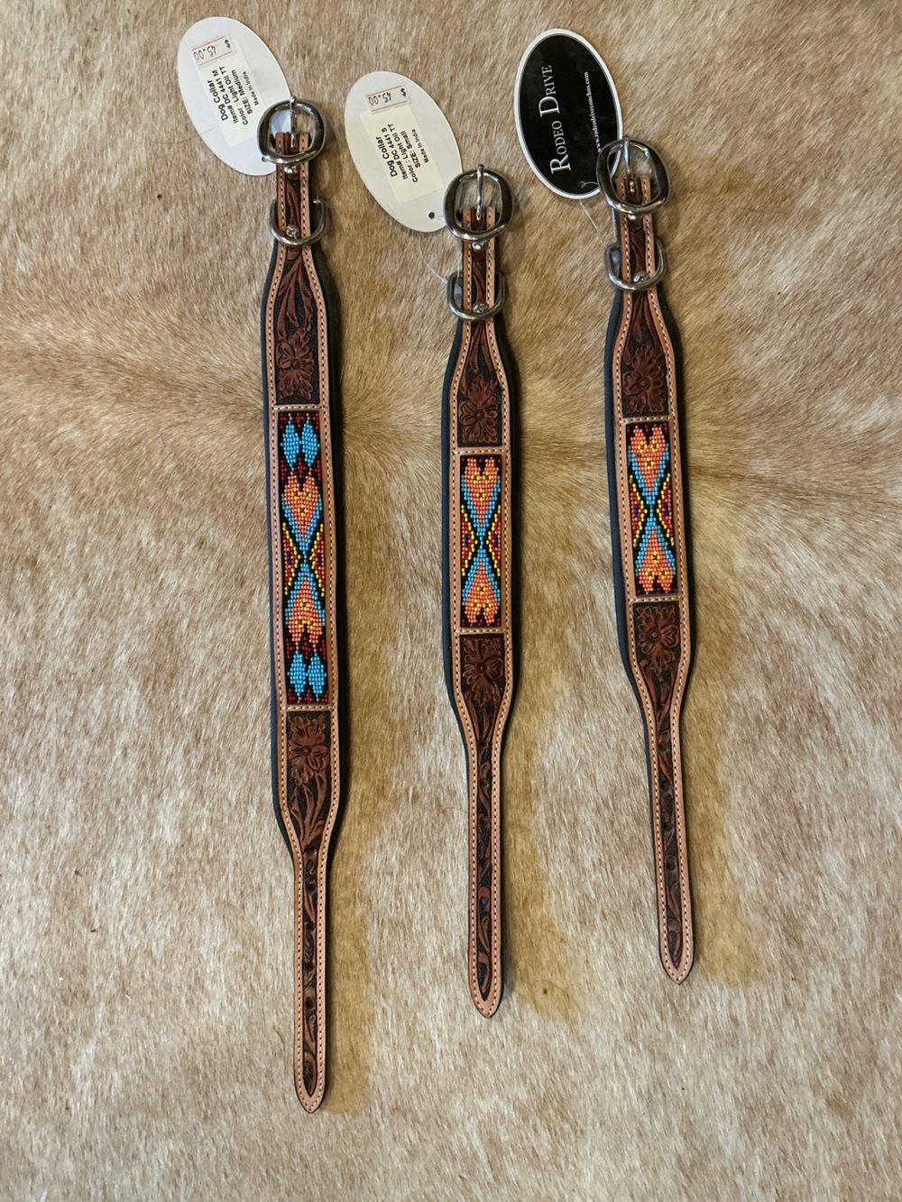 Handcrafted Leather Dog Collar with Turquoise & Orange Beadwork